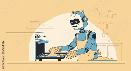 Robotic Baker Preparing Cookies in Modern Kitchen Illustration Concept