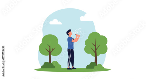 Man Using Electronic Cigarette in Park Environment Enjoying Fresh Air