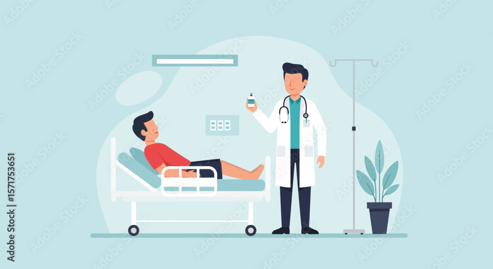 Caring Doctor Preparing Medication For Patient Lying In Hospital Bed Illustration Caring Doctor Preparing Medication For Patient Lying In Hospital Bed Illustration