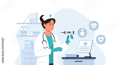 Caring Doctor Holds Thermometer Checking Patient Temperature In Clinic