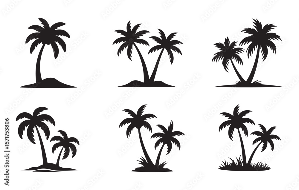 Fototapeta premium Black palm trees on white background tropical island silhouettes beach