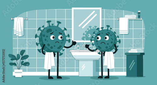 Sad Coronavirus Characters Washing Hands In Bathroom Illustration Concept