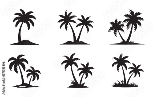 Black palm trees on white background tropical island silhouettes beach