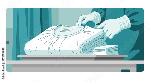 Sanitized Linens Being Stacked By Worker Wearing Protective Gloves In Sterile Environment