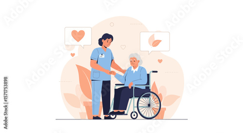 Caring Nurse Assisting Senior Woman In Wheelchair Giving Comfort And Support