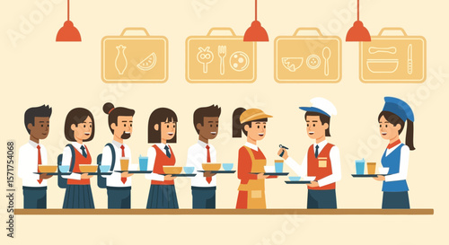 School Cafeteria Students Line Up for Lunch Holding Trays with Food