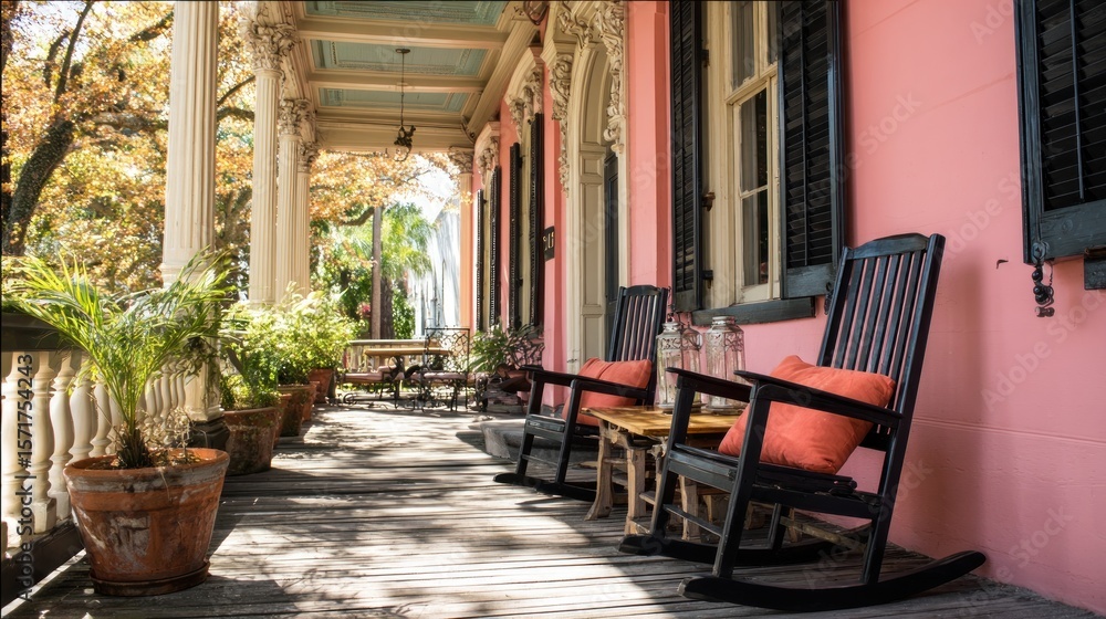 Fototapeta premium Charming porch with rocking chairs