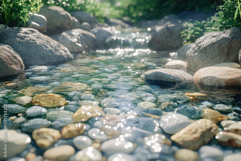 Fototapeta premium Clear stream flows through rocks and lush greenery, glistening in the sunlight, creating a serene and natural scene.