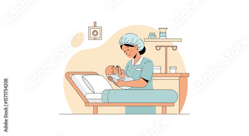 Caring Nurse Holding Newborn Baby In Hospital Nursery After Childbirth