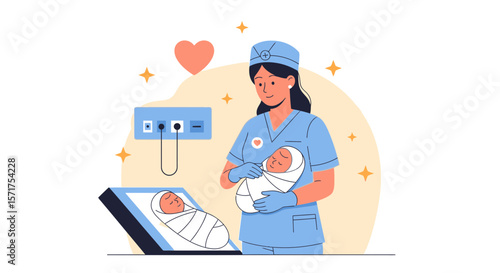 Caring Nurse Holds Newborn Babies In Hospital Postnatal Care Department