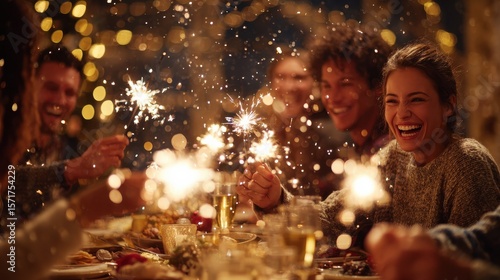 holidays, celebration and people concept - happy friends with sparklers having christmas dinner at home, no logos, no brands