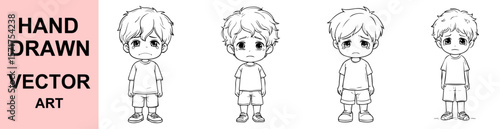 Sad crying boy character sketch isolated black and white hand drawn emotional vector art illustration design perfect for books comics posters prints