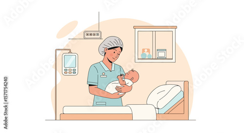 Caring Nurse Holding Newborn Baby In Hospital Room After Delivery Service