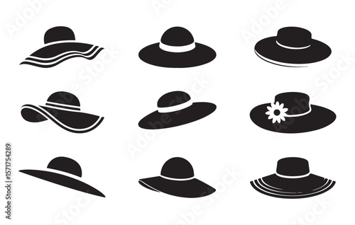 Various black wide brim hats with decorative elements fashion accessories