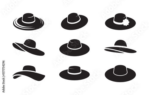 Various black hats with wide brims and rounded crowns headwear fashion