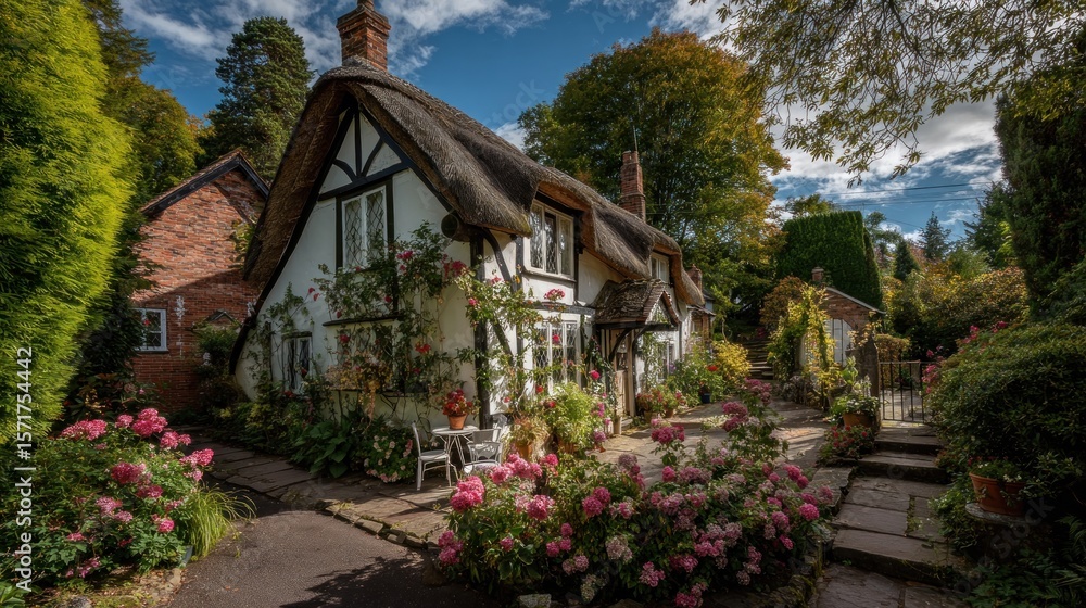 Fototapeta premium Charming thatched cottage nestled amidst vibrant gardens