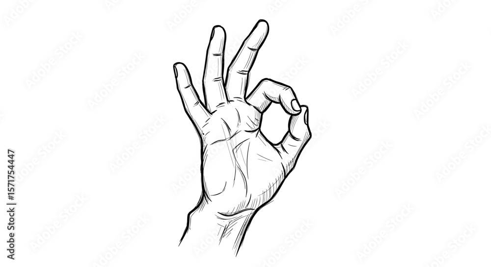 Obraz premium the hand shows ok a vintage sketch on a white background, hand-drawn doodle.