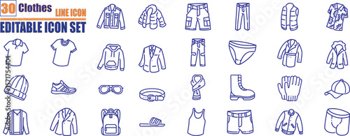 Clothes line icons set. Sweatshirt, hoody, pullover, bathsuit, jacket, evening dress, cardigan, trousers visualization vector illustration.