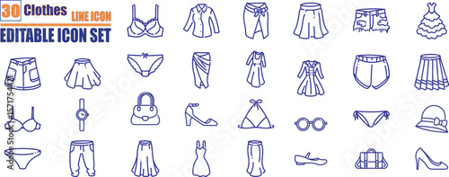 Clothes line icons set. Sweatshirt, hoody, pullover, bathsuit, jacket, evening dress, cardigan, trousers visualization vector illustration.