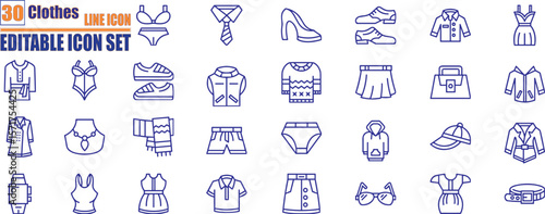 Clothes line icons set. Sweatshirt, hoody, pullover, bathsuit, jacket, evening dress, cardigan, trousers visualization vector illustration.