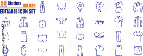 Clothes line icons set. Sweatshirt, hoody, pullover, bathsuit, jacket, evening dress, cardigan, trousers visualization vector illustration.