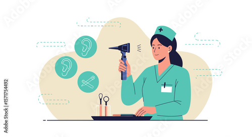 Caring Otolaryngology Specialist Examines Ears With Otoscope Medical Illustration
