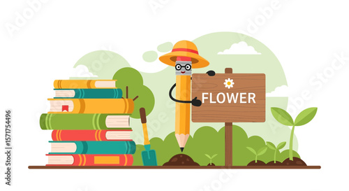Enthusiastic Pencil Gardening Surrounded By Books And Growing Seedlings Vector