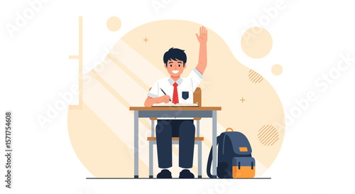 Enthusiastic Student Raising His Hand In Classroom Asking Question At School