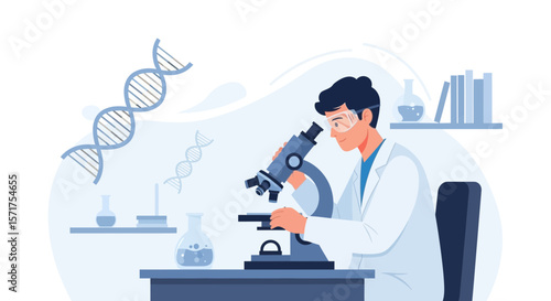 Scientist Analyzing Dna Structure Through Microscope In A Laboratory Environment