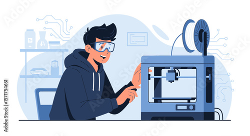 Enthusiastic Young Man Innovating With 3D Printer In Modern Laboratory Setting