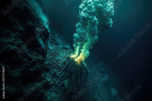Underwater volcano erupting, spewing plumes of steam and ash into the dark, deep sea environment. Hydrothermal vents are also present.