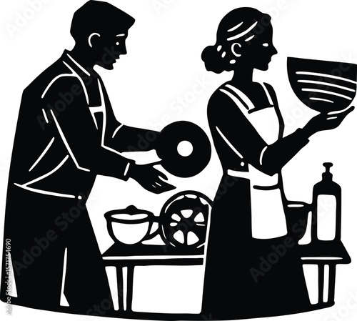 Parents Doing Dishes Silhouette,Kitchen Cleaning Moment