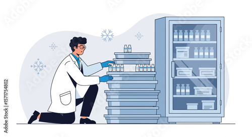Scientist Arranging Samples In Cold Storage For Vaccine Research And Experimentation