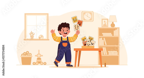 Excited Child Expressing Emotions With Emotion Cards In Living Room