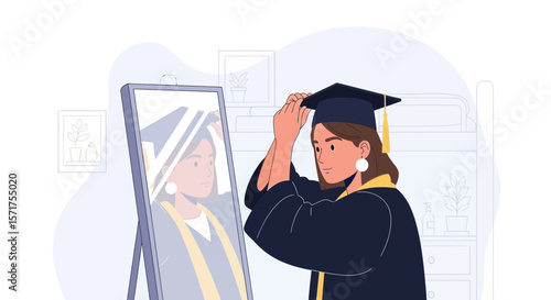 Excited Graduate Preparing For Commencement Day Posing In The Mirror At Home