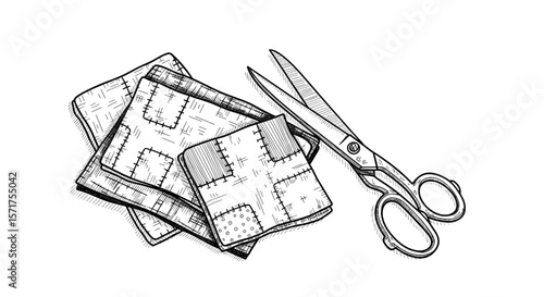 scraps of cloth and scissors black and white sketch vintage doodle on white