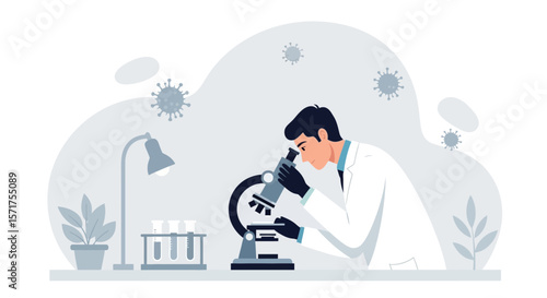 Scientist Examining Viruses Under Microscope In Laboratory Research Environment
