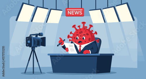 Cartoon Coronavirus Character Broadcasting Live News From Television Studio Set