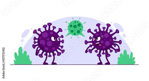 Cartoon Covid Confrontation Depicting Disease Outbreak Challenges and Vaccine Development