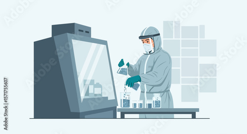 Scientist Performing Experiment in Protective Suit Within a Laboratory Hood