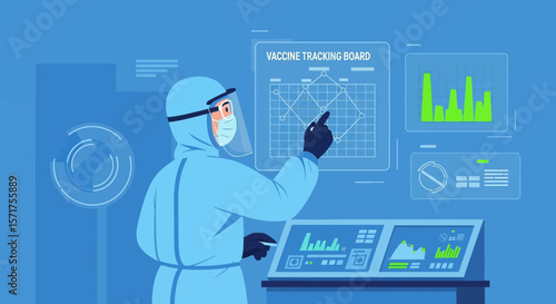 Scientist Tracking Vaccine Data On A Digital Display Board Interface