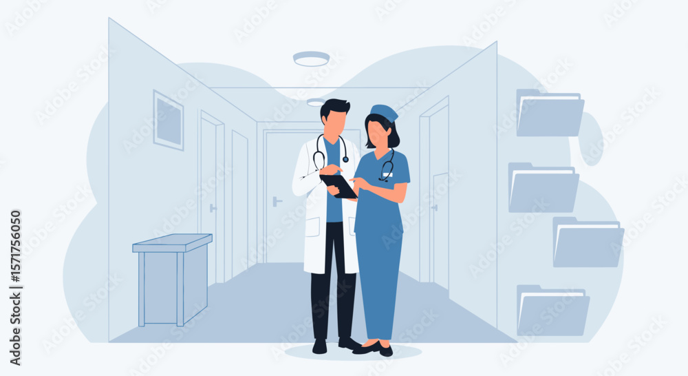 Fototapeta premium Medical Professional Discussion In A Hospital Corridor In Blue And White Design