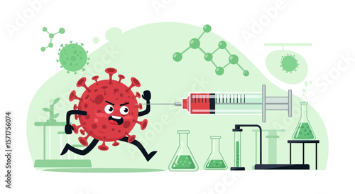Cartoon Virus Running From Vaccine During Scientific Research In Laboratory