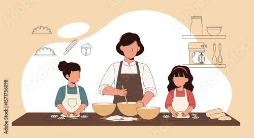 Family Baking Time Together Mother And Two Daughters Enjoying Cooking At Home