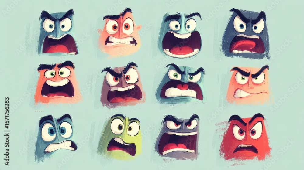 Cartoon expressions. Cute face elements eyes and mouths with happy, sad and angry, disbelief emotions. Caricature characters, no logos, no brands Cartoon expressions. Cute face elements eyes and mouths with happy, sad and angry, disbelief emotions. Caricature characters, no logos, no brands