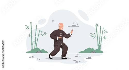 Senior Man Practicing Tai Chi Chuan in a Serene Bamboo Grove for Health and Wellbeing