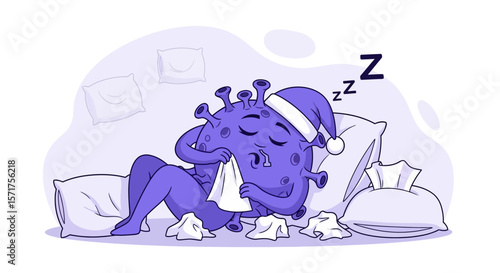 Cartoonish Virus Sleeping In Bed Wearing Nightcap With Piles of Tissues