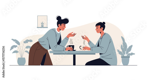 Casual Meeting Between Friends Over Coffee At Cafe Shop, Discussing And Relaxing