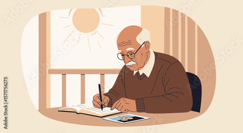Senior Man Writes In Journal By Window Sunlight Remembering Past Memories