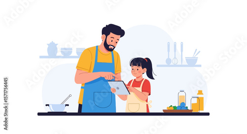 Father And Daughter Preparing Food Together Using Tablet Technology In The Kitchen